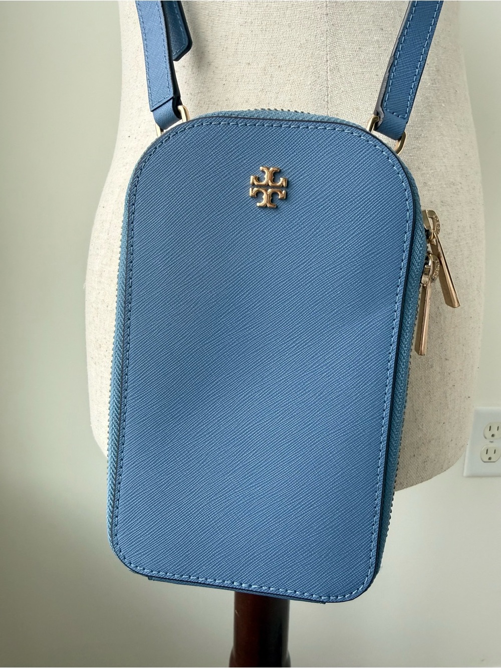 Tory Burch Dusty Blue Leather Crossbody Phone Bag